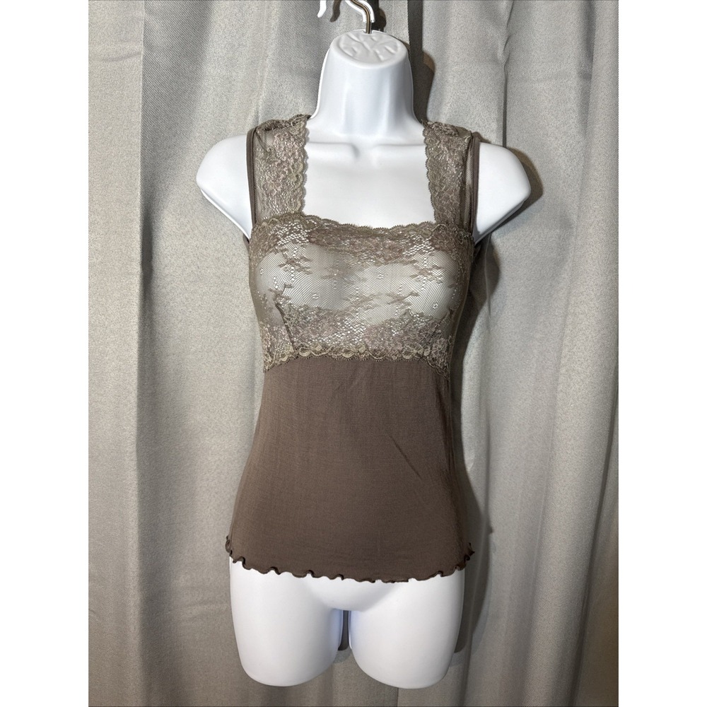 Italian Lana Merino Extrafine Silk Lace Trim Tank Top Camisole Square Neck US M